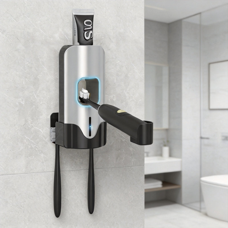Distributeur de dentifrice mural automatique, 2 porte-brosses à dents (argent), Silver