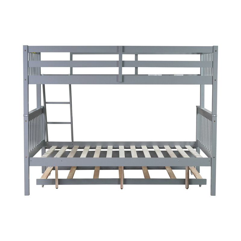 Twin Over Full Rubberwood Bunk Bed with Trundle, Detachable Convertible Ladder & Guardrail,Grey, Gray