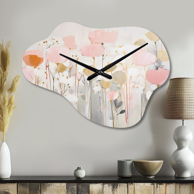 «Pink Blossoming Garden - Botanicals», horloge asymétrique en métal, Grand
