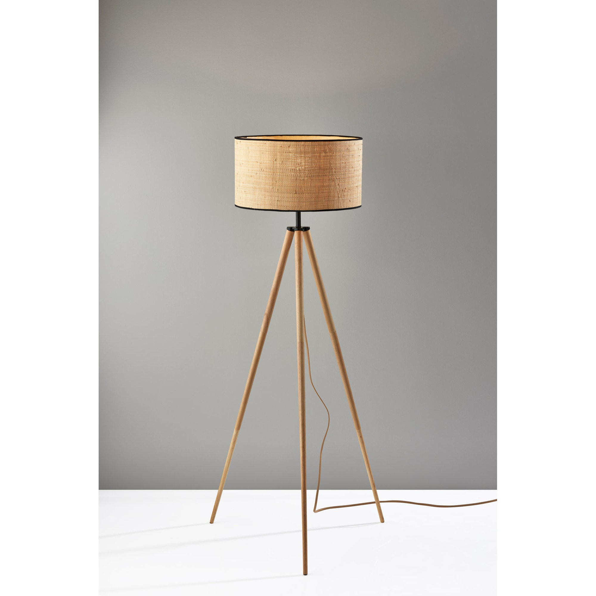 Kisa 60.5'' Dimmable Floor Lamp, Natural Wood w. Black Accents, Woven Natural Rattan Shade w. Black Trim