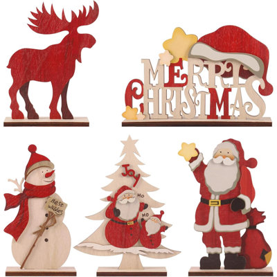 Décorations de Noël, décoration de table rustique en bois de Noël, avec arbre de Noël renne bonhomme de neige, père Noël. For Home Farmhouse - Décoration de fête intérieure - 5 pièces
