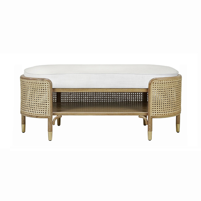 Beale Beige Linen Upholstered Storage Bench with Cerused Oak