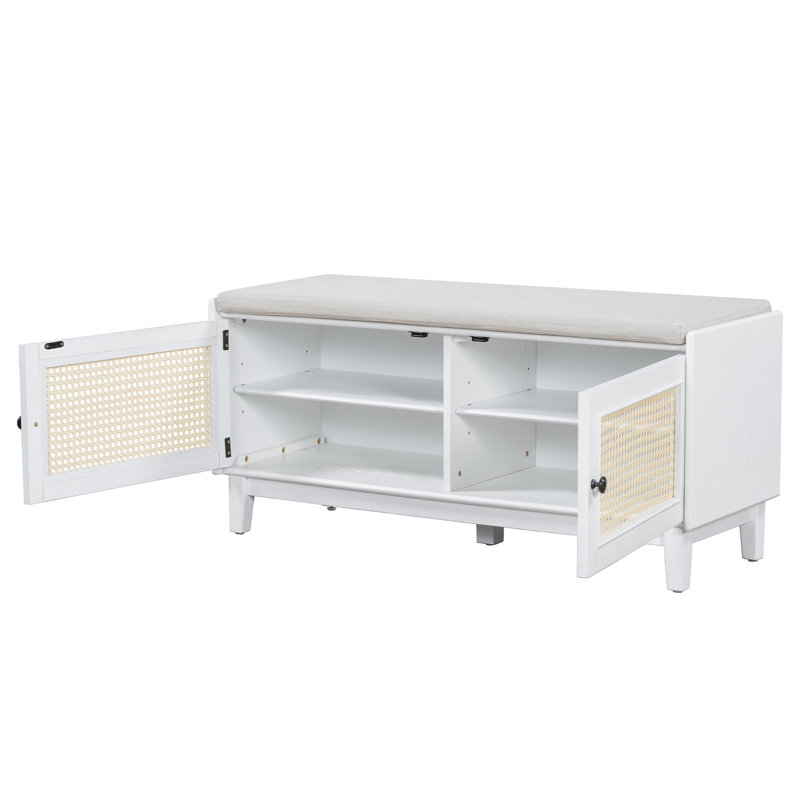 Banc d'entrée bohème en rotin avec rangement, banc à chaussures rembourré, blanc, Beige, blanc