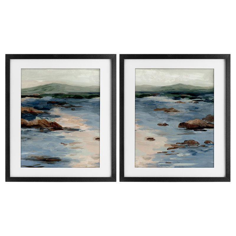 «Crashing Tides Landscape», ensemble de 2 impressions encadrées sous verre, design par Jacob Q, Cadre noir minuit