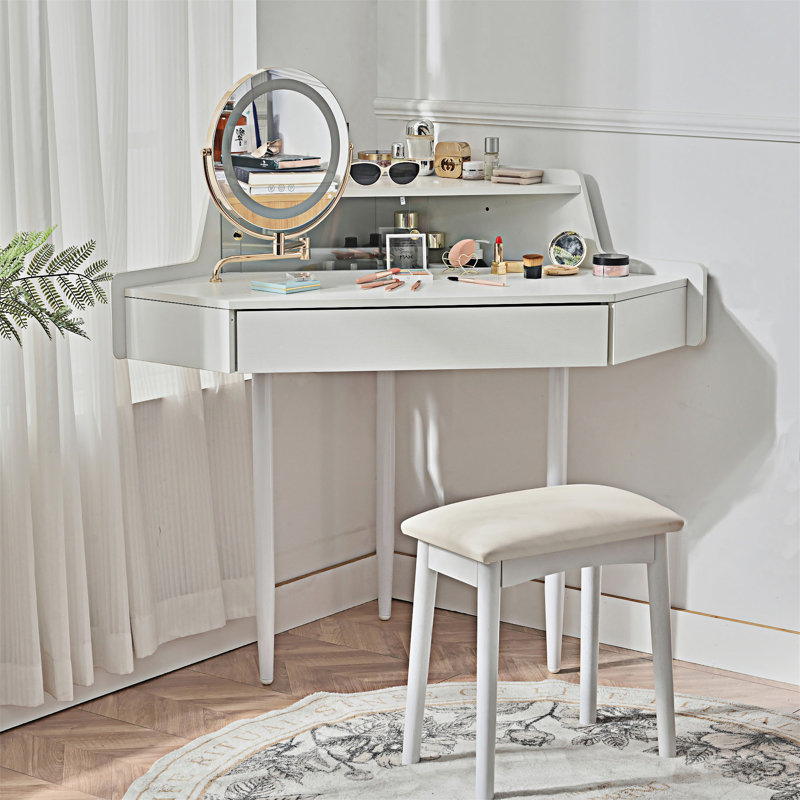 Corner Makeup Vanity Table With LED Mirror And Stool