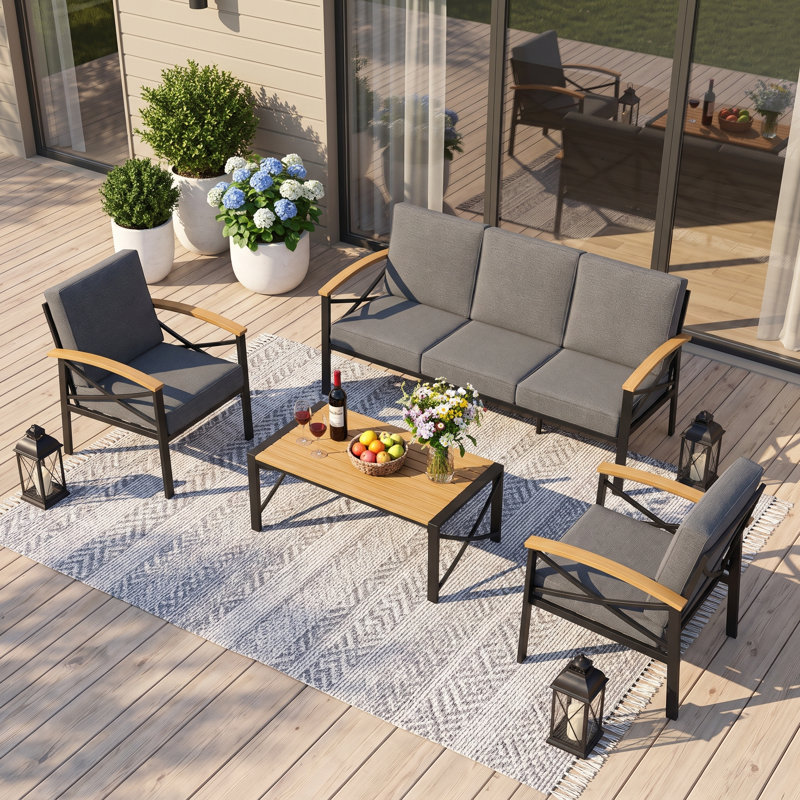 Ensemble de patio extérieur pour 5 personnes, ensemble de conversation extérieur avec coussins résistants aux intempéries, ensemble de mobilier de patio robuste en métal pour la cour arrière, la piscine