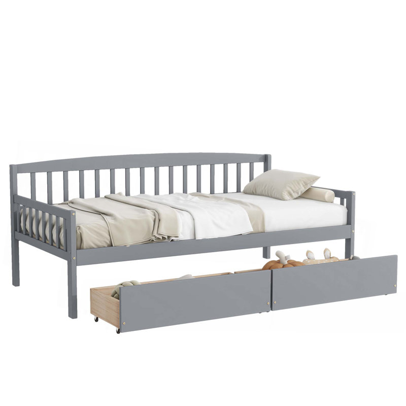Lit de jour simple en bois de pin avec deux tiroirs de rangement, canapé-lit avec plateforme de 10 lattes de soutien, Gris