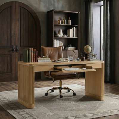 Satine Aranza 60”W Solid Wood Base Fluted Desk with Cable Management and Power Outlets