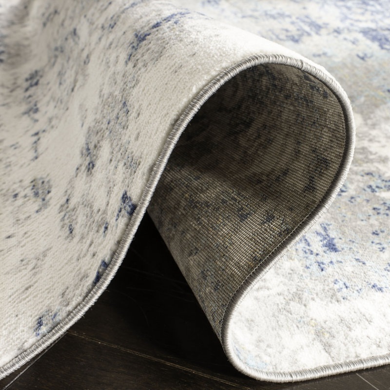 Tapis abstrait gris clair / bleu N'Keal, Rond 5 pi, Light Grey/Blue