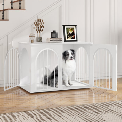Dog Crate Furniture, 100 cm Wooden Dog Crate, Indoor Kennel for Small/Medium/Large Dogs, End Side Table Animal Crates, Anti-Chew, Anti-Escape, Arched Door Design