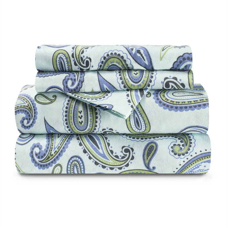 Light Blue Paisley Cotton Flannel King Sheet Set