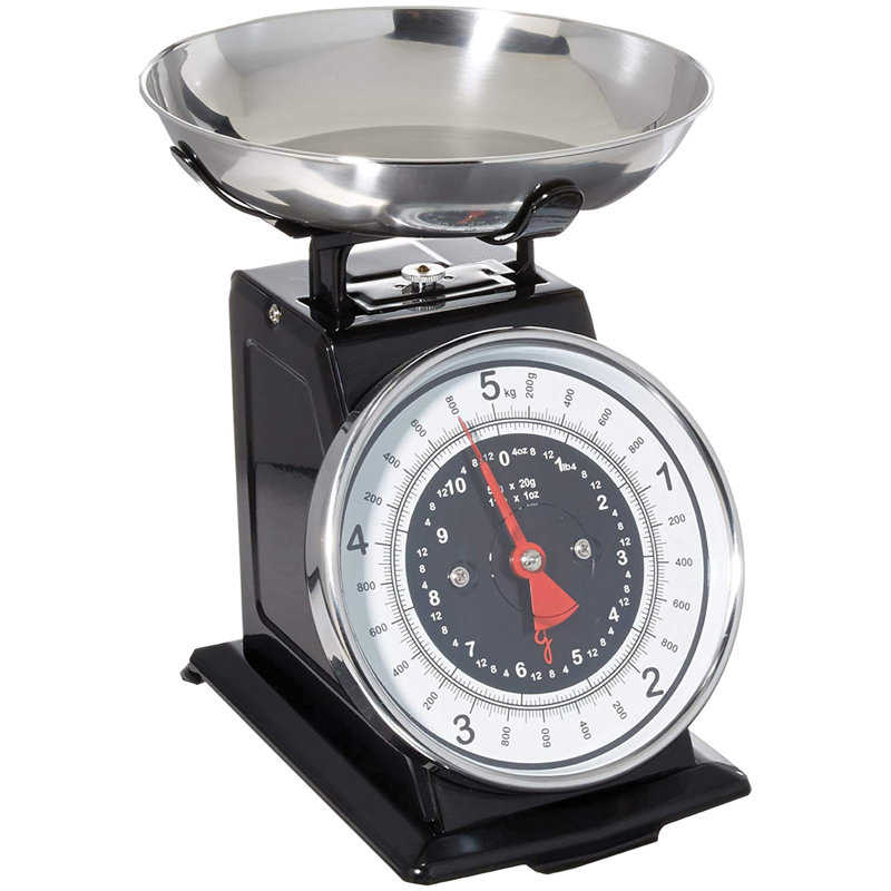 Retro Black and Silver Mechanical Kitchen Scale with Stainless Steel Bowl