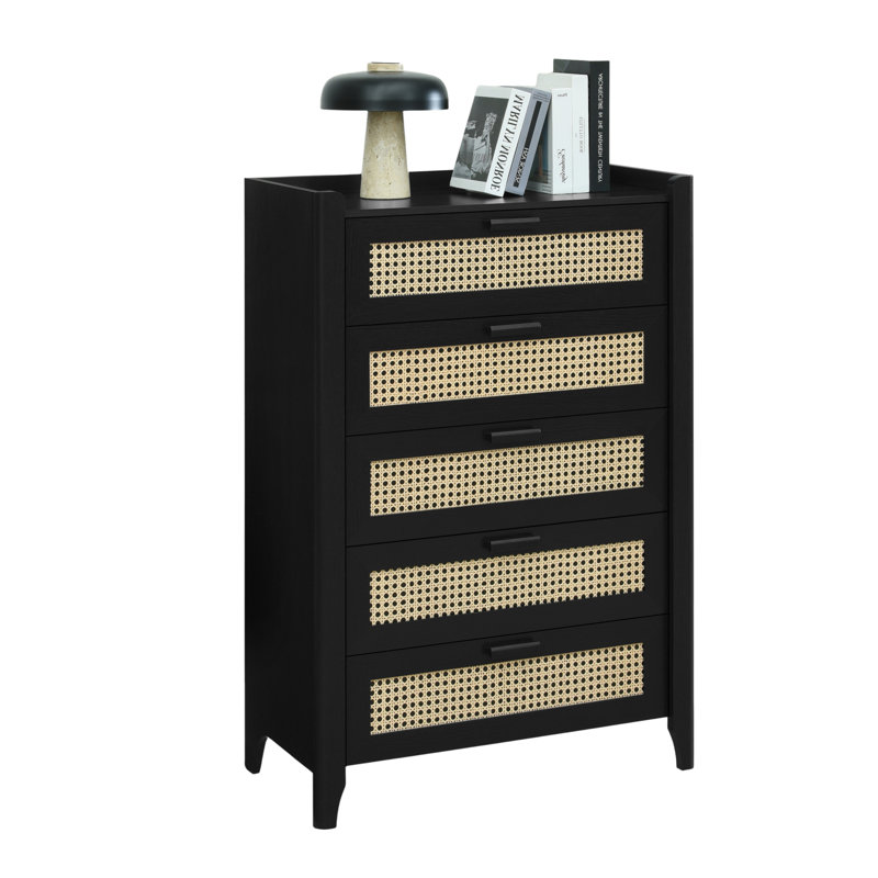 Rattan-Inspired 5 Drawers Dresser for Bedroom, 30.7" W Modern Chest of Drawers, Wood Drawer Organizer for Clothes, Entryway, Hallway, Nursery or Living Room, Black