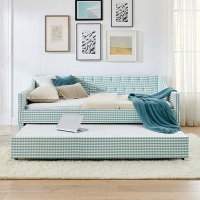 Daybed,Upholstered Convertible Daybed with Tufted Button Backrest, 3‑in‑1 Versatile Sofa Bed with Pull‑Out Trundle & Side Storage,  for Compact Living