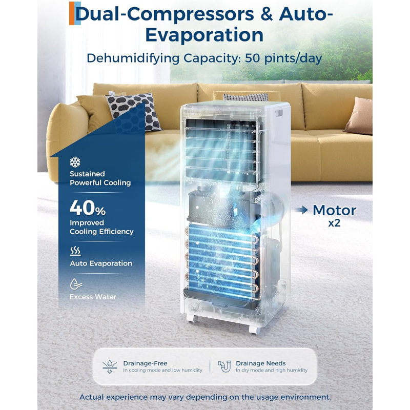 Climatiseur portatif 8 000 BTU pour 350 pieds carrés, CEER 6,2, roulettes, mode veille, déshumidificateur, minuterie, télécommande, trousse d'installation facile
