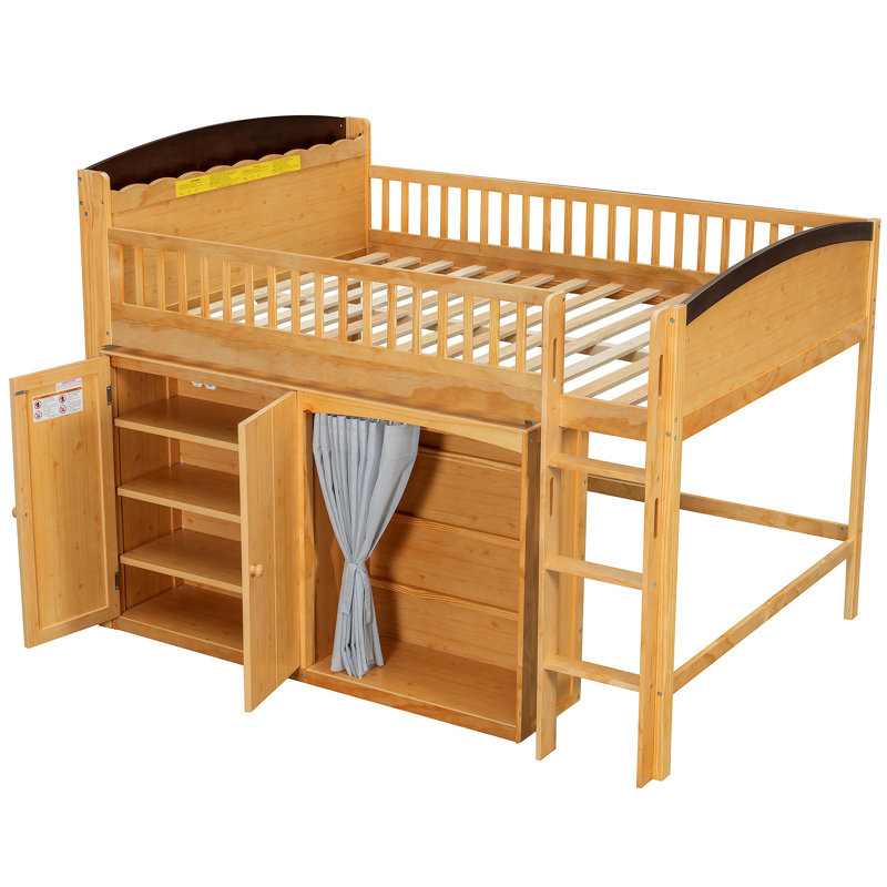 Lit mezzanine avec armoire de rangement, garde-robe et DEL, Bois, Lit double