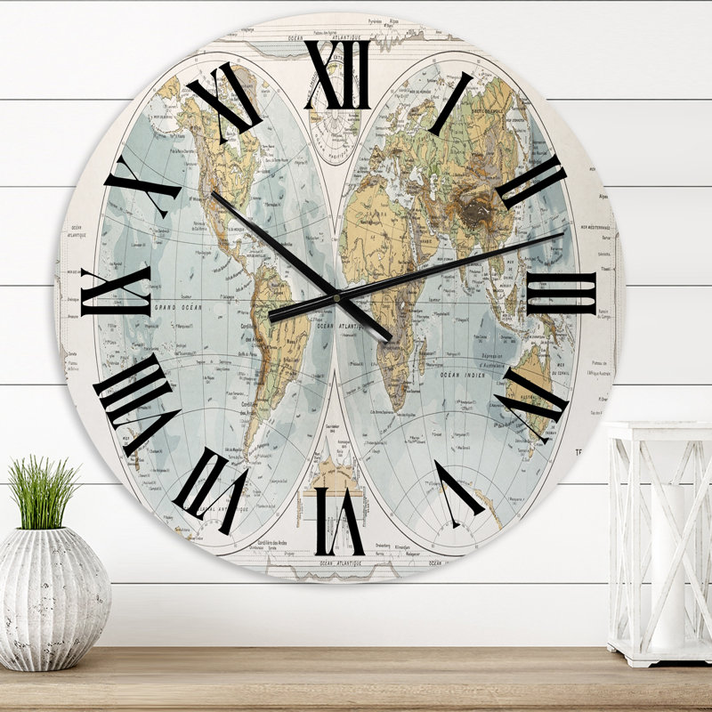 Ancienne carte du monde II - horloge murale rustique, Très petit
