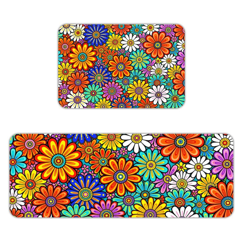 Ensemble de 2 tapis de sol en flanelle à fleurs rétro et colorées