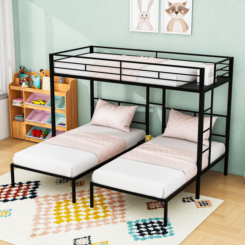 Twin Over Twin And Twin L-Shaped Triple Bunk Bed With Built-In Side Table