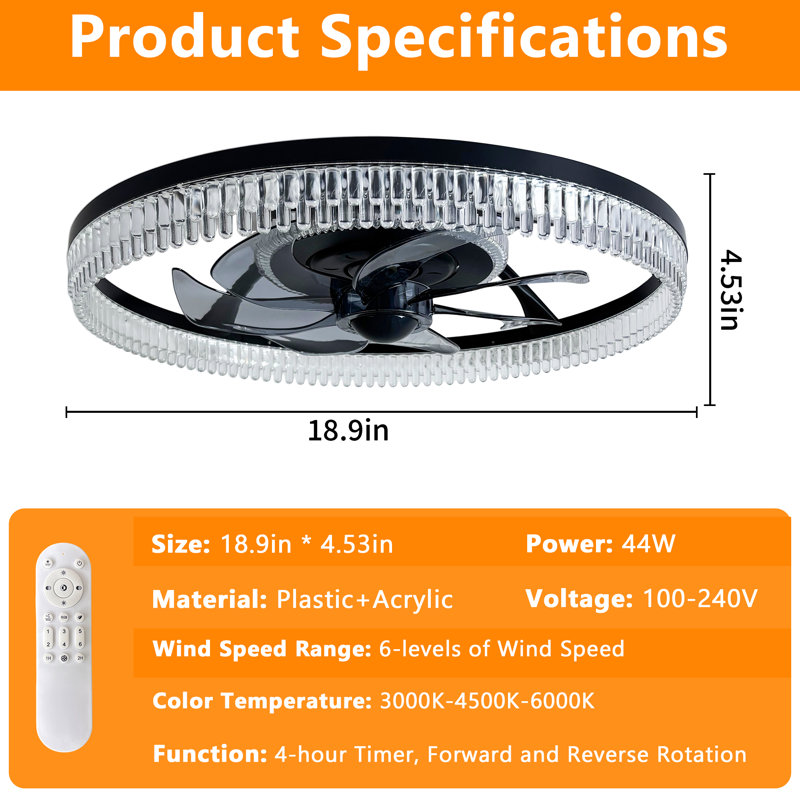 19" Modern Flush Mount Ceiling Fan With RGB Lights And Remote, Low Profile Bladeless Crystal Fandelier, 6-Speed Reversible DC Motor, Dimmable LED For Bedroom & Living Room