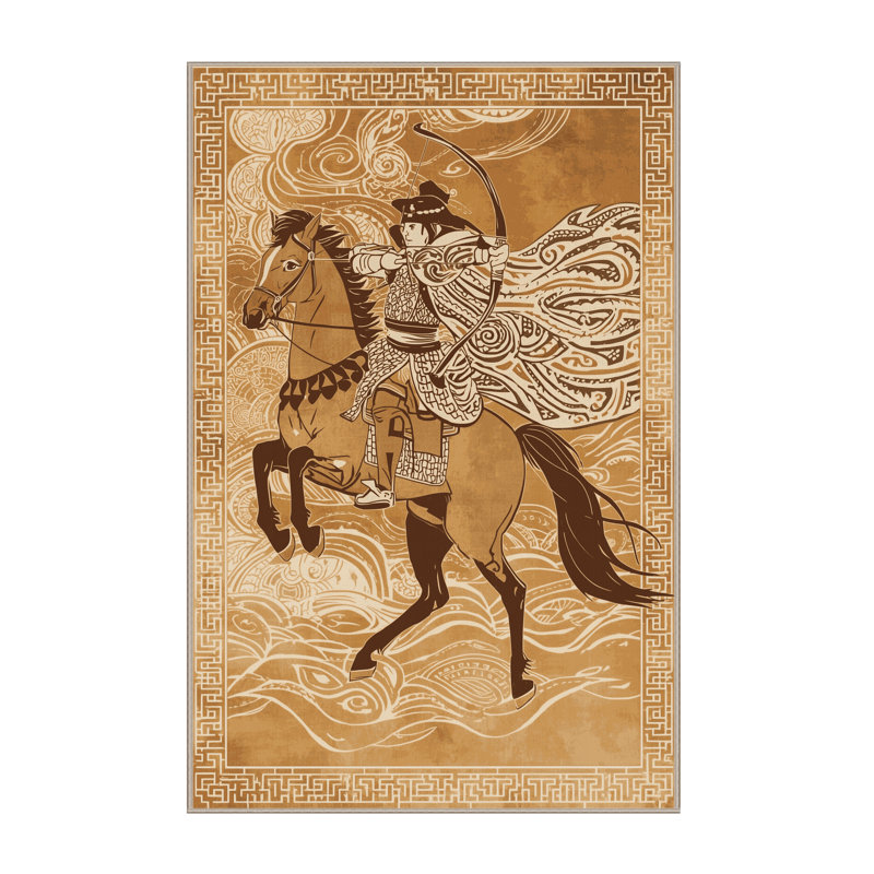 Soft Plush Duren Mongol Horse Archer Classic Oriental Area Rug in Brown – Beige Binding, 3x5