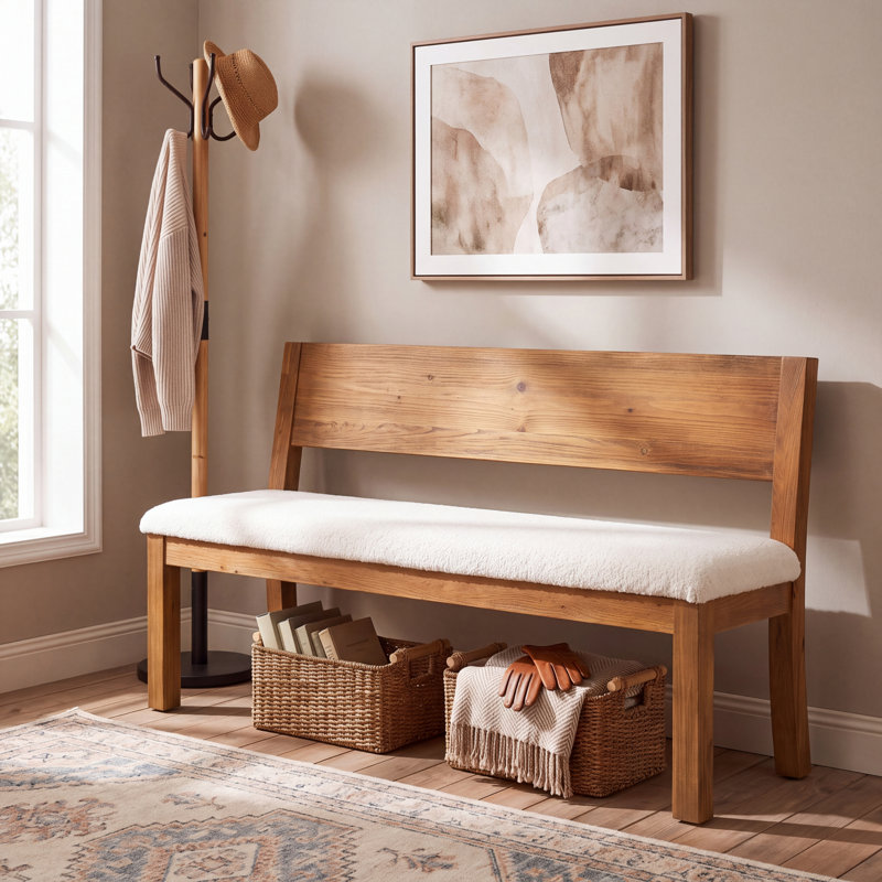 Banc de hall d'entrée rembourré 55,12 po avec dossier et structure en bois massif, banc de salle à manger pour couloirs, salles à manger et chambres à coucher