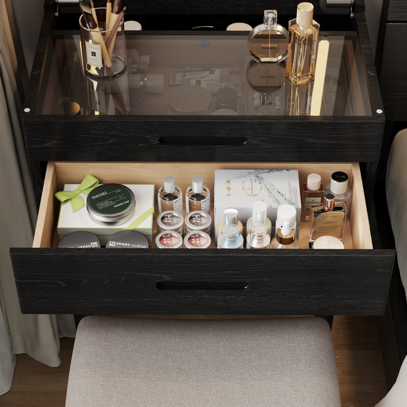 Solid Wood Makeup Vanity, Flip‑Top Lighted Mirror, Glass Tabletop, 3‑Mode Adjustable Brightness, Easy Assembly, Black