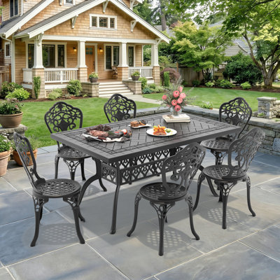 59.06"L Rectangle Cast Aluminum Outdoor Dining Table & 6 Chairs with 15.35" Seat Width(7-Piece)