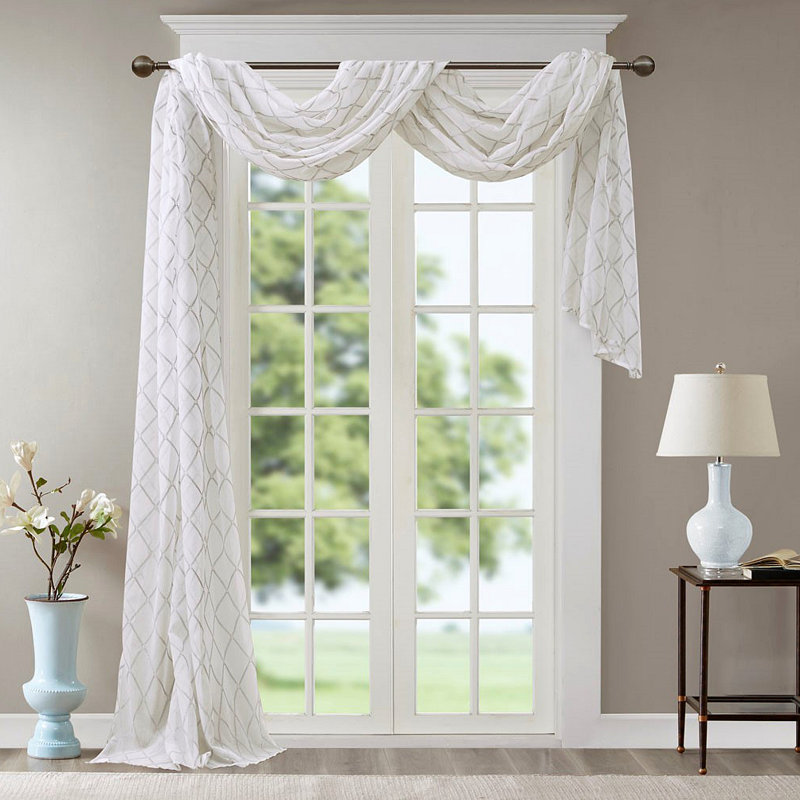 Écharpe de fenêtre transparente brodée diamant, Gris / Blanc, L 50,06 po x L 144,04 po