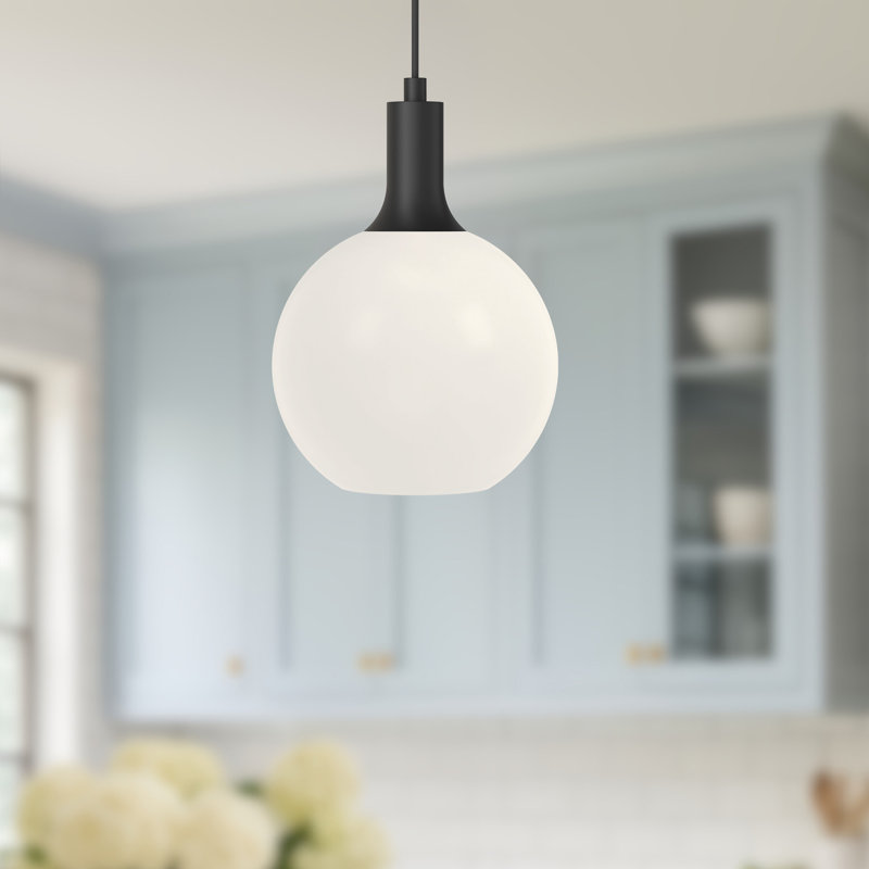 Castilla Mini Globe Pendant in Matte Black with Opal Glass Shade