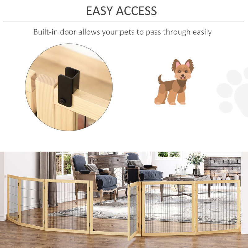 Barrière en bois pour chien, 170 po. Barrière pour animaux pliable pour petits et moyens chiens. 6 avec pieds de support. Bois naturel. Porte de maison fonctionnelle et fiable, escalier robuste et pratique