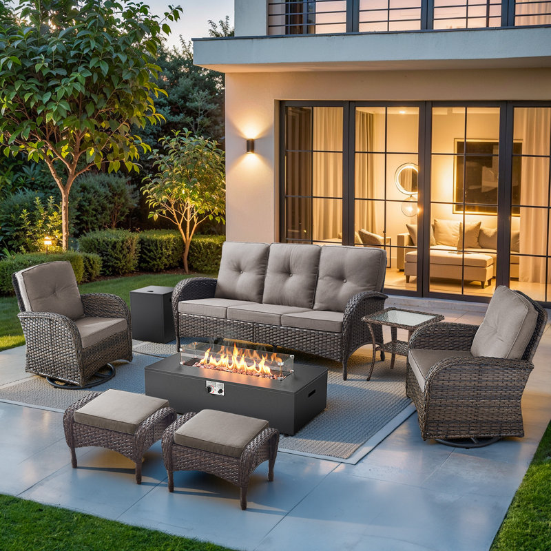 Bruner 7-Piece Swivel Wicker Rattan Patio Fire Pit Conversation Set With Hidden Tank Holder And Ottomans
