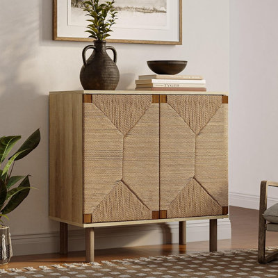 Seagrass Boho Sideboard Buffet Cabinet, Mid-Century Small Accent Storage
