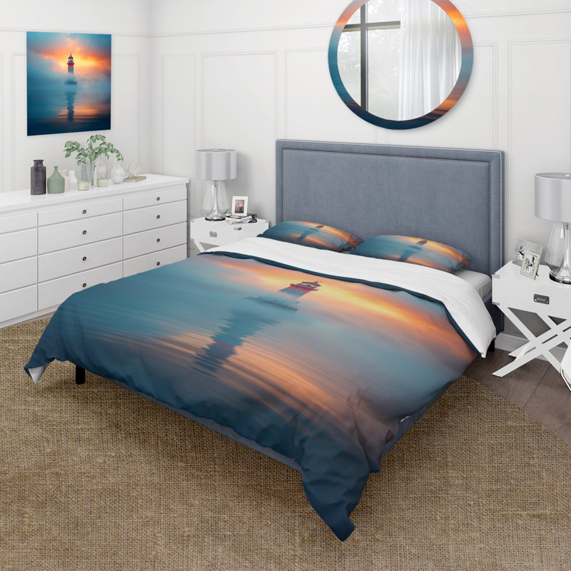 Serene Lighthouse In Sunset Mist - Coastal Duvet Cover Set - Microfiber Polyester, Queen Duvet Cover + 2 Standard Shams