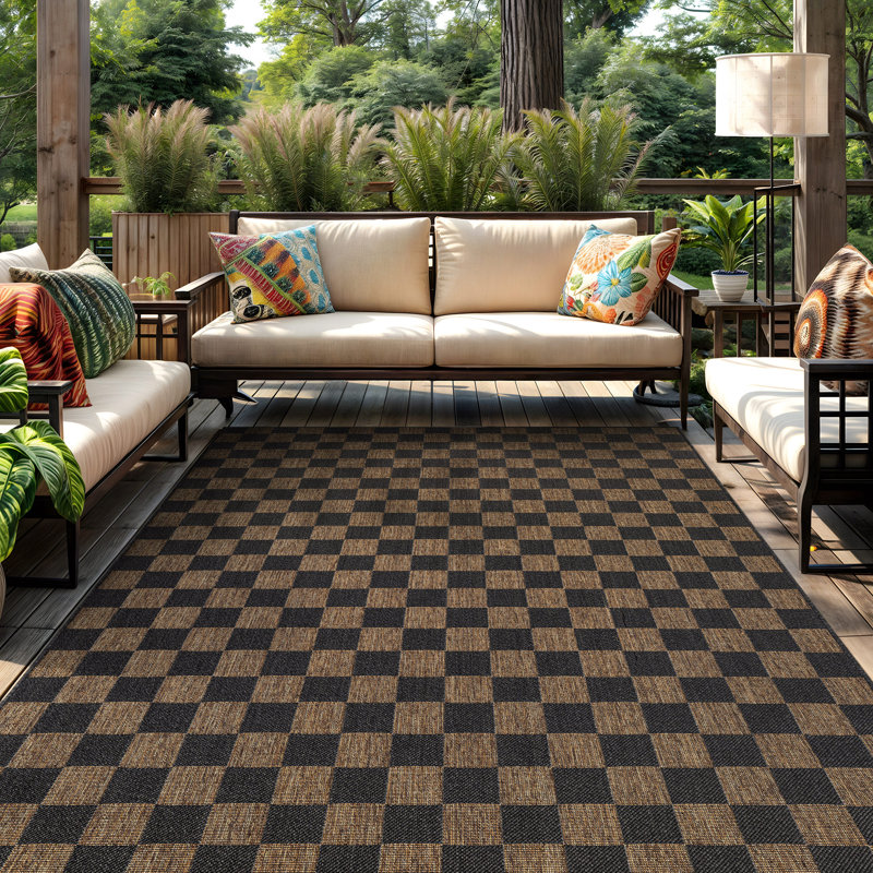 Checkered Dark Gray/Natural Easy-Care Jute-Style Indoor/Outdoor Flat Woven Area Rug, Rectangle 6'7" x 9', Dark Gray