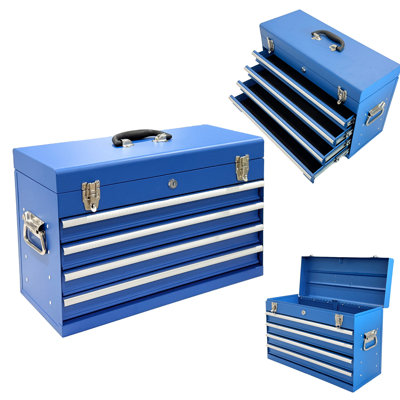 Portable 21 - Inch Tool Chest With 4 Drawers, Small Metal Organizer, Liners, Auto Locking, Bearing Tracks, Blue Steel, Secure Storage And Easy Operation Rust Finish