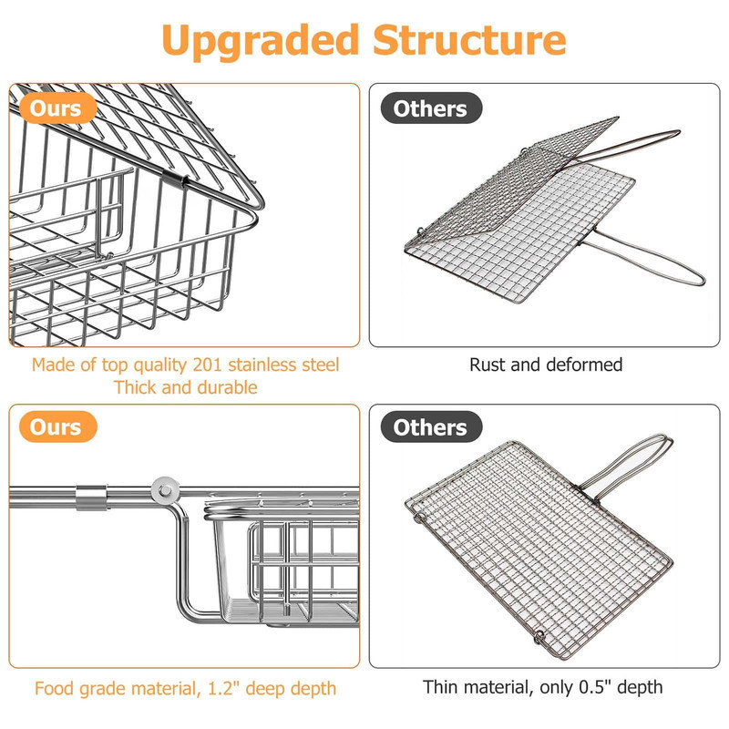 Panier pour barbecue en acier inoxydable 12 po x 9,6 po avec couvercle verrouillable - Antirouille, antiadhésif, poignée en bois - pour poisson, steak, crevettes et légumes - Va au lave-vaisselle