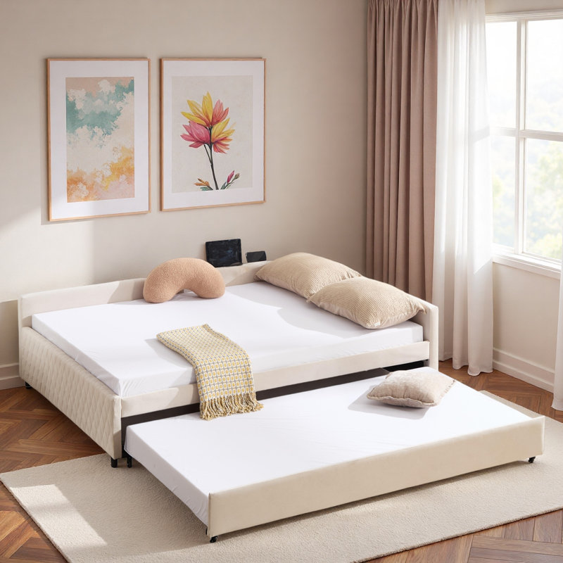Upholstered Daybed With Trundle And Usb, Beige