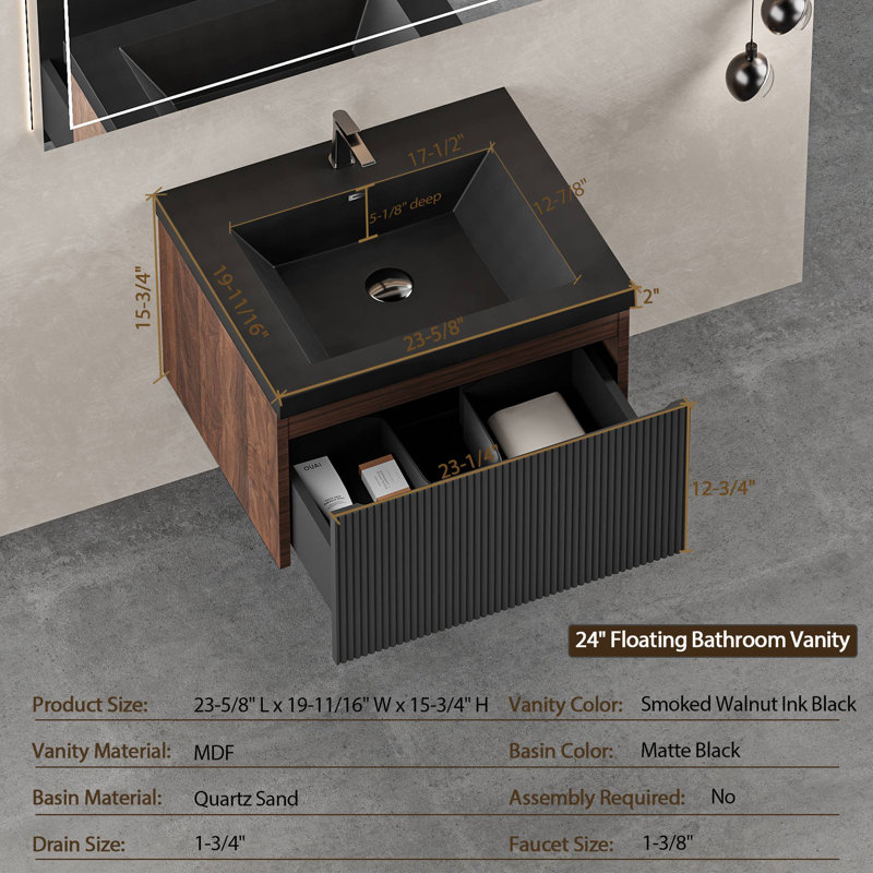 Meuble-lavabo mural avec lavabo à surface solide, Noyer, 24", Noir