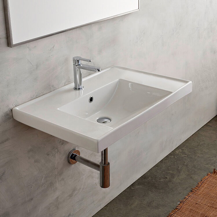 Glossy White Ceramic Rectangular Wall Mounted Bathroom Sink with Overflow