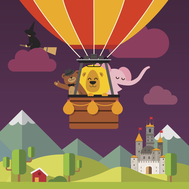 Happy Cartoon Animals Flying On Hot Air Balloon by IconicBestiary - Wrapped Canvas Print, 122cm H x 122cm W x 3.8cm D