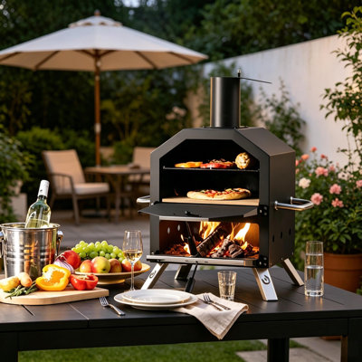Steel Freestanding Wood-Fired Outdoor Pizza Oven with Two Cooking Areain Black