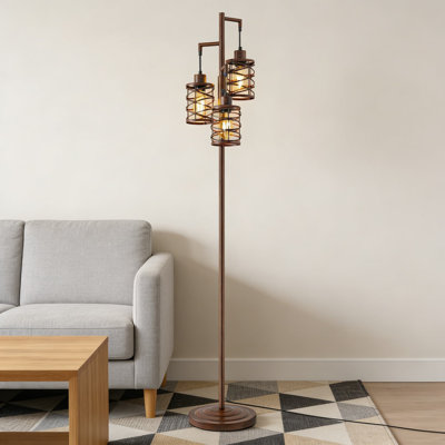 Farmhouse Dimmable Floor Lamp With 3-Tier Spiral Metal Cage Design, Stepless Rotary Dimming, All-Metal Construction For Living Room, Bedroom And Office