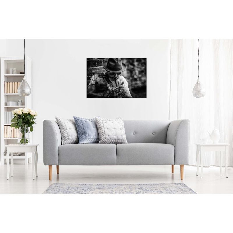 Bearded Old Man Smoking Cigar - Wrapped Canvas Print, 20cm H x 31cm W