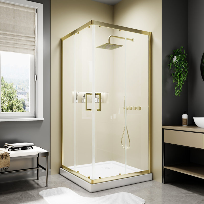 36" W x 71" H Double Sliding Shower Door, Tempered Clear Glass Shower Door with Stainless Steel Handle, Brushed Gold