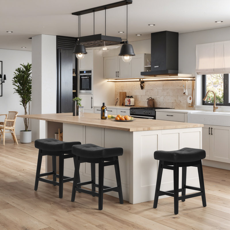 24inch Wooden Backless Saddle Counter Height Barstools Wide Seat Comfortable For Kitchen Island, PU Black Seat/Black Frame