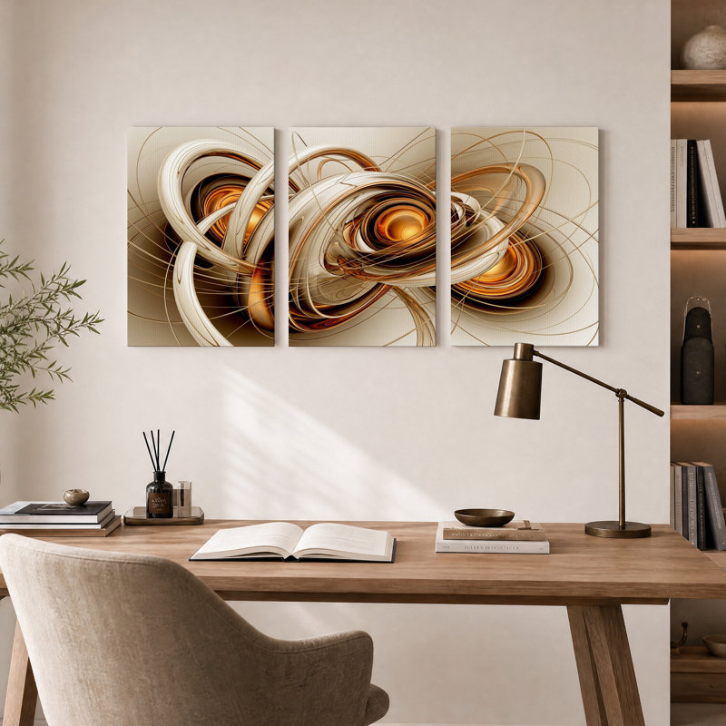 Ensemble de 3 toiles murales « Rubans tourbillonnants or et bronze », 24"H x 16"W x 3pcs