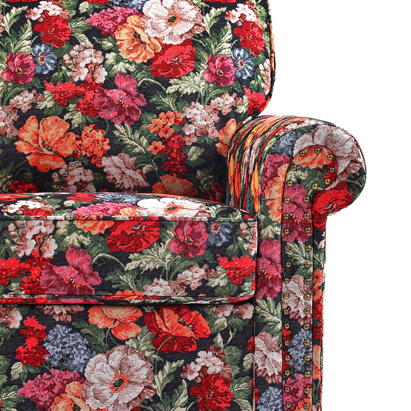 Upholstered Cotton Blend and Herringbone Armchair, Black Floral