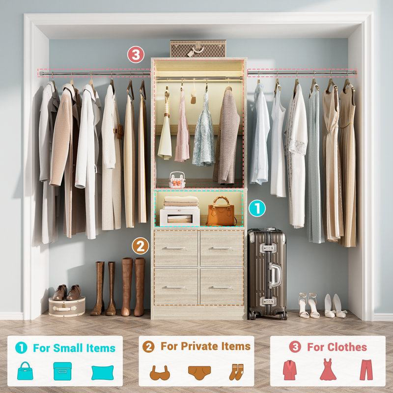 49" - 128" Wooden Wardrobe System with Adjustable Shelves and Drawers, Washed Oak