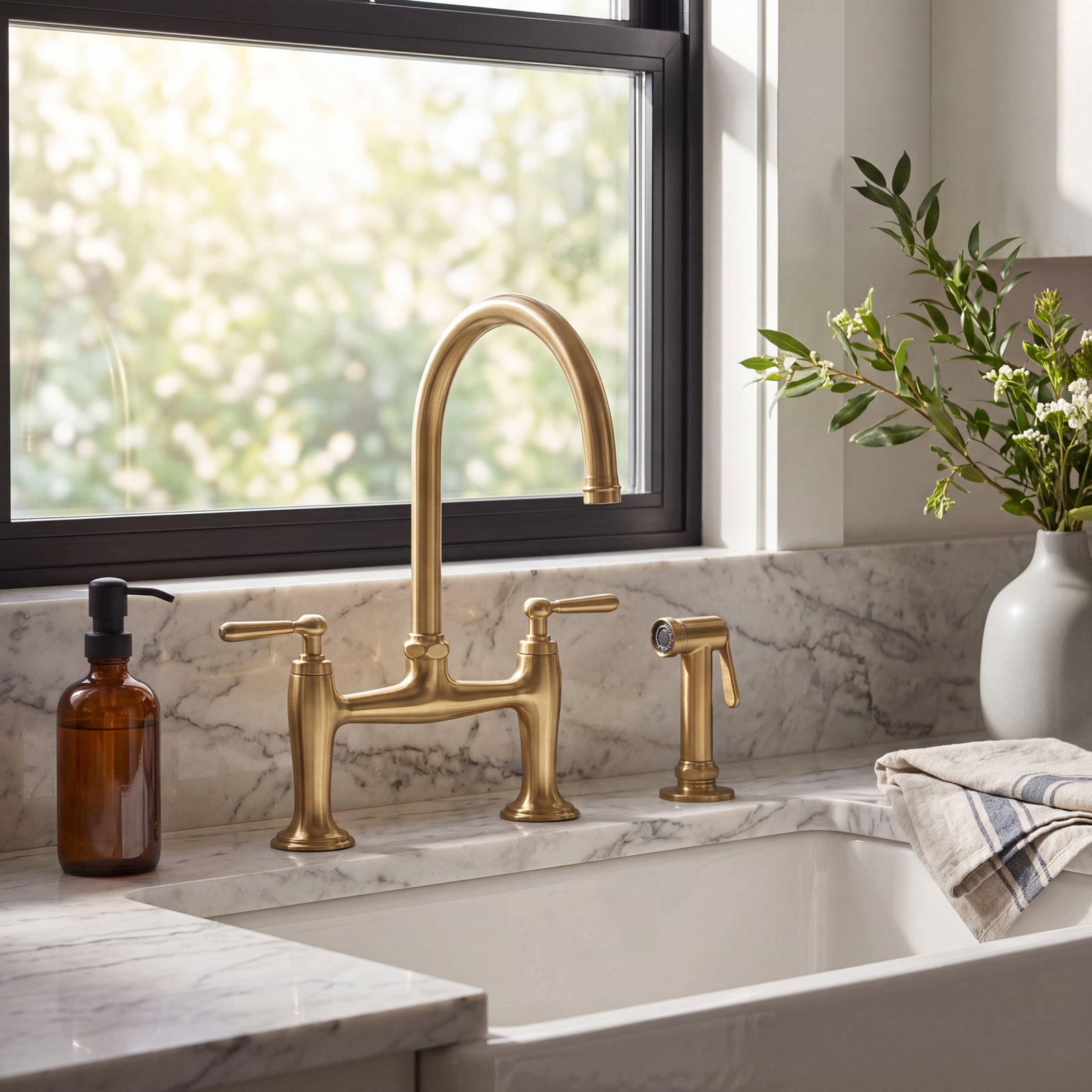 Edalyn Bridge Faucet with Sidespray, Vibrant Brushed Moderne Brass